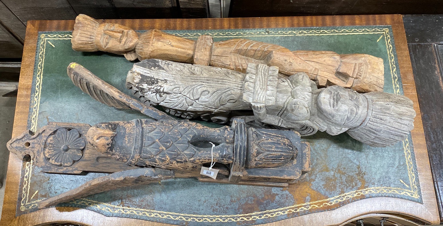 Three Eastern wood carvings, largest height 73cm